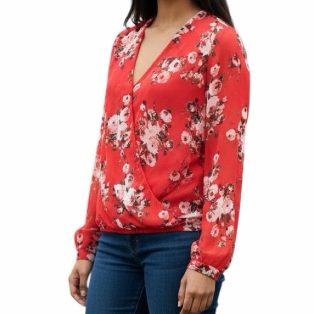 Kut from the Kloth Red/White/Pink Floral Chiffon Surplice Blouse XS
